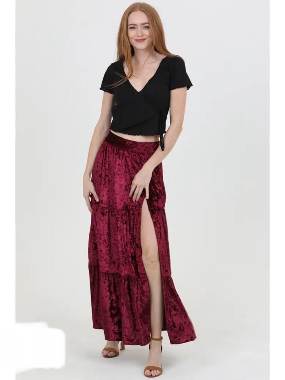Angie Burgundy Crushed Velvet Maxi Skirt Slit Tiered Boho Wine Red Medium NWOT